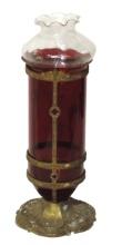 Lighting, sanctuary lamp, spelter base w/ruby glass shade, mfgd by Muench-K