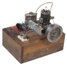 Toy Model Gasoline Engine, mounted on stand w/belt wheel, tank, switch & co