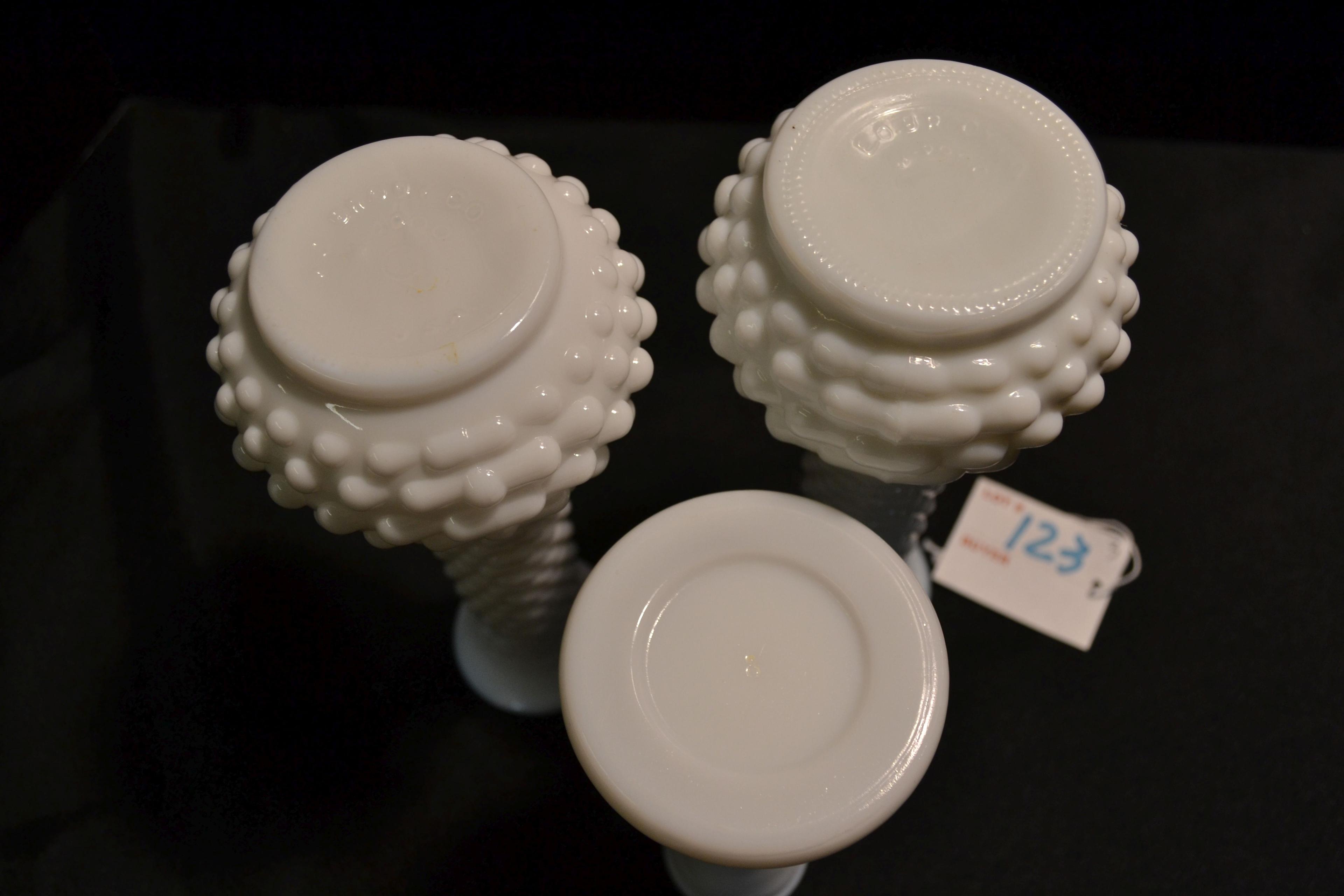 2 - Vintage 8" Hobnail Milk Glass Bud Vases and Randell Milk Glass Art Deco Bud Vase 6"