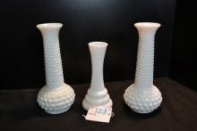 2 - Vintage 8" Hobnail Milk Glass Bud Vases and Randell Milk Glass Art Deco Bud Vase 6"