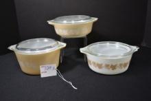 Pyrex 1961-62 Sandalwood 470 Casserole Set w/Lids; Nos. 471, 472, and 473; Chip on one lid.