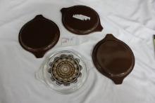Group of 4 Pyrex Lids including 3 Brown Old Orchard Lids No. C-20 and 1 Sol Flower Lid No. 470-C