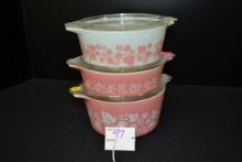Pyrex Pink Gooseberry Bake, Serve, and Store Set including Nos. 471, 472, and 473 w/Lids; Mfg. 1959-