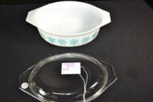 Pyrex Turquoise Snowflake on White No. 043 Casserole w/Lid; Mfg. 1956-1963