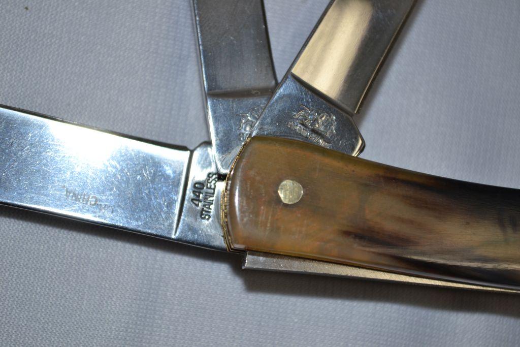 Pair of Bulldog Belt Buckle and Pocket Knife, 3 Bladed Knife, Has Been Mended, R&S 1979 Buckle