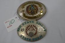 Pair Silver and Gold 1986 and 1987 Turquoise and Corral Mo State Shoot State Team MTA Belt Buckles