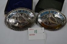 Pair Silver and Gold Turquoise and Stone Cash Grande Singles Class A & AA Quail Design Belt Buckles