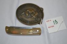Pair of Bulldog Belt Buckle and Pocket Knife, 3 Bladed Knife, Has Been Mended, R&S 1979 Buckle