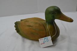 Carved Wooden Duck Decoy Décor, Green Tan 11" Long w/Swivel Head