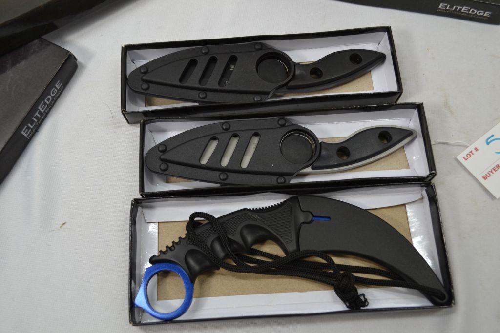 Group of Elitedge Knives; 1 3-1/2" Blue Curved Blade #20-098 with Finger Hole, Cover and Lanyard and