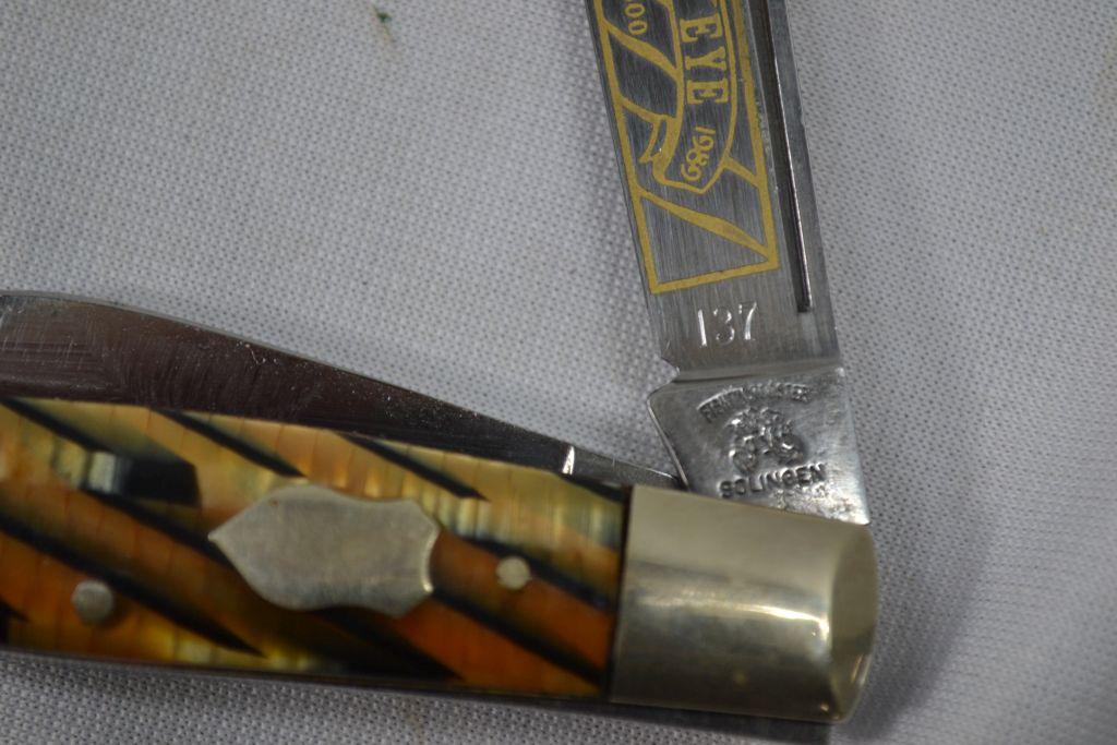 "Tiger Eye" 1989 1 of 600 #137 Fight'n Rooster 3 Blade 3-3/4" Knife, w/Tiger Print Man Made Handle F