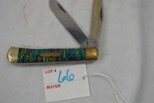 Fight'n Rooster Double Blade Knife; "God Guns and Guts" 1994 1 of 150 #50 Frank Buster Celebrated 4"