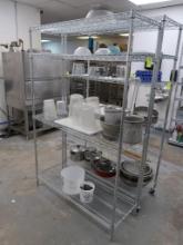 wire shelving unit w/ contents- pitchers, aluminum containers, etc