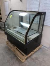 curved glass refrigerated service case, self-contained