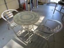 28 IN.  BLUE TILE TABLE .2 SILVER CHAIRS
