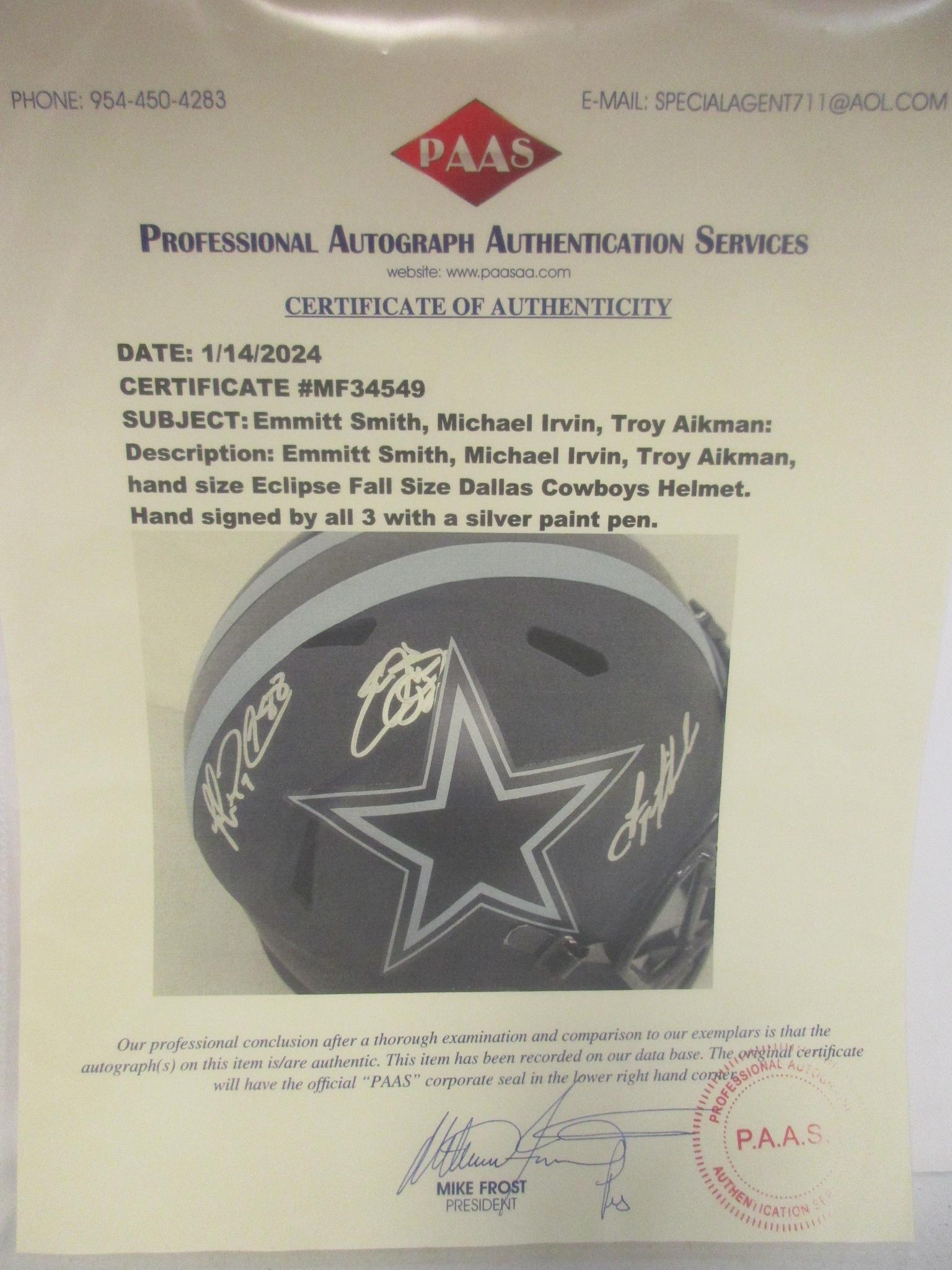Emmitt Smith Troy Aikman Michael Irvin of the Dallas Cowboys signed full size helmet PAAS LOA 549