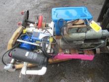 SHOP STOOL, AIR COMPRESSOR, JACUZZI PUMP W/ FILTER, & ASSORTED SAFETY HARNESSES