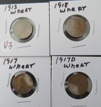 1913, 1918, (2) 1917 Wheat Head Pennies