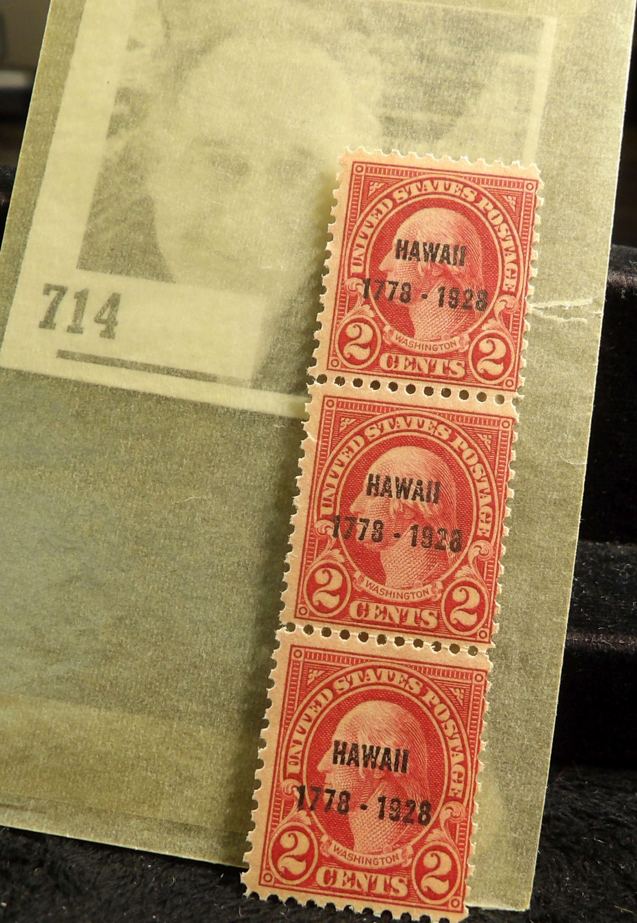 Three attached Precancelled George Washington Two Cent Stamps precancelled "Hawaii/1778-1928".