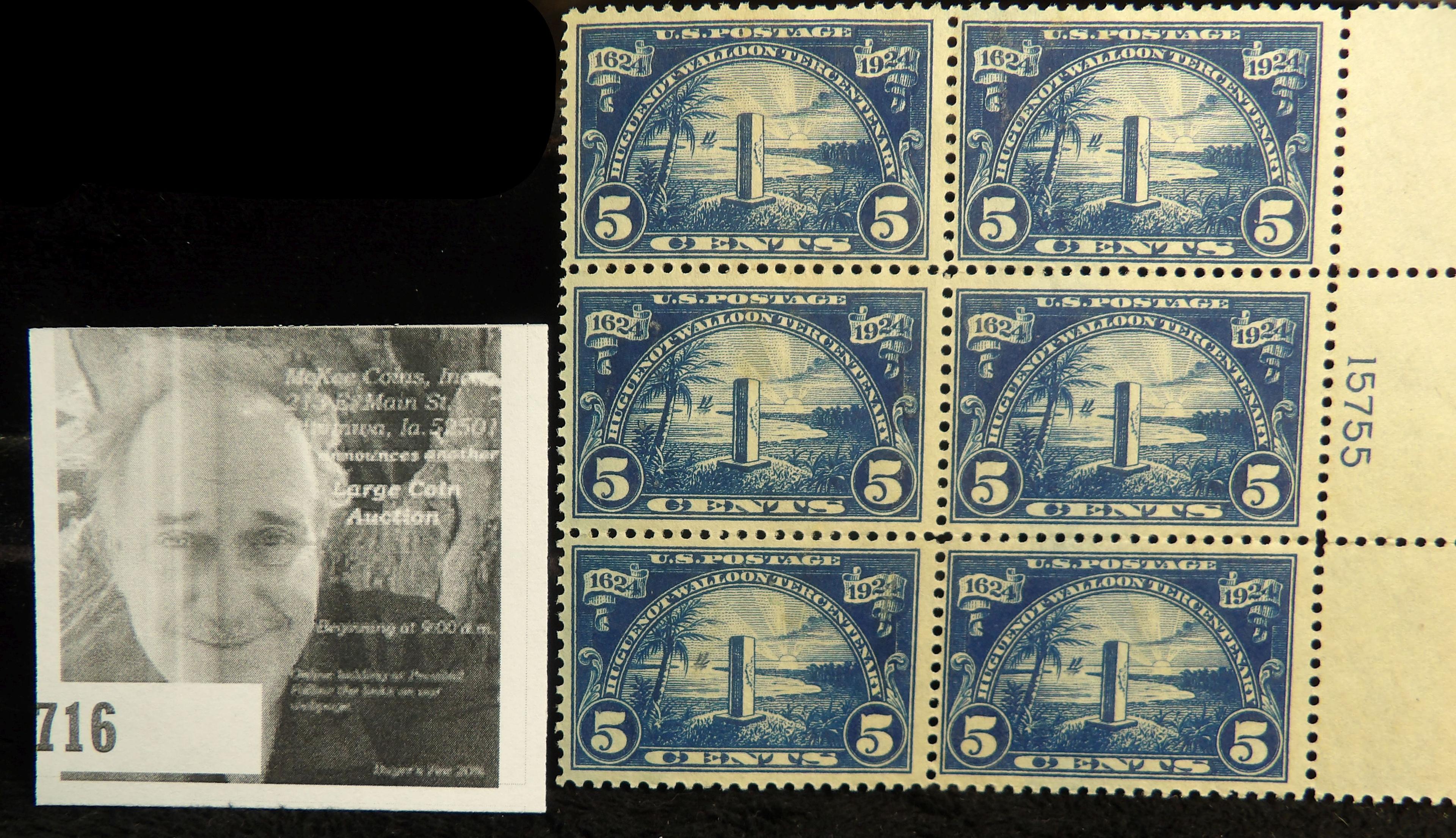 Six-Stamp Mint Plate block 1624-1924 Huguenot Walloon Tercentenary 5c Stamps Scott # 616, NG. Quite