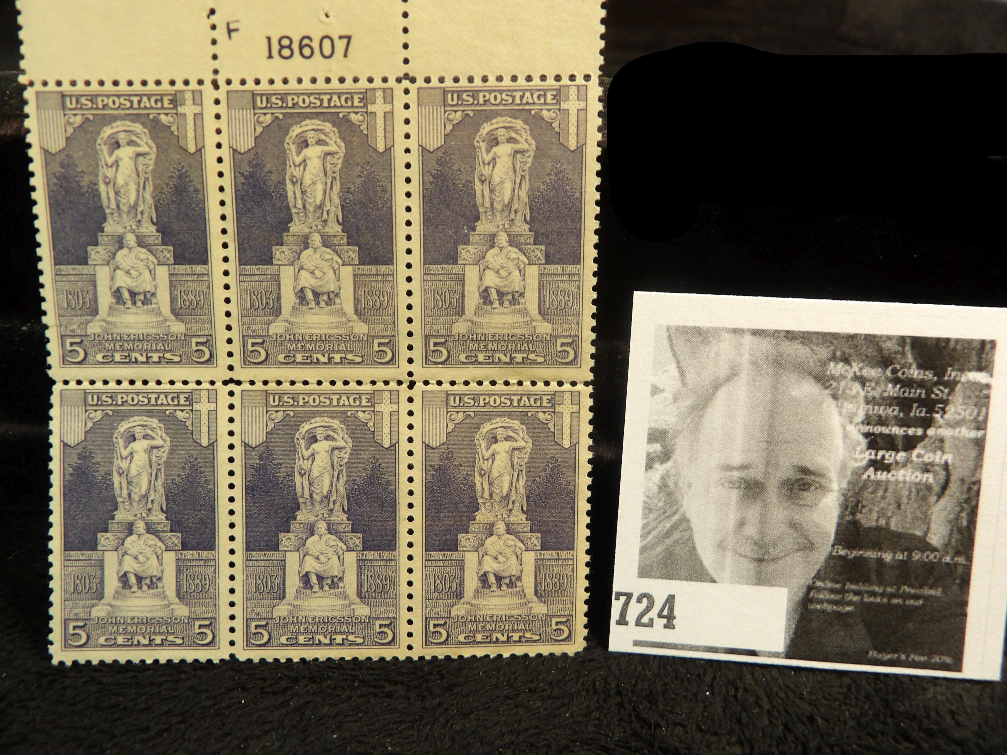 Six-Stamp Mint Plate block 1803-1889 John Ericsson Memorial 5c Stamps Scott # 628, NG. Quite Rare as