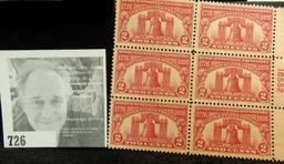Six-Stamp Mint Plate block 1776-1926 Sesquicentennial Exposition 2c Stamps Scott # 627, NG. Quite Ra
