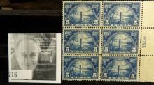 Six-Stamp Mint Plate block 1624-1924 Huguenot Walloon Tercentenary 5c Stamps Scott # 616, NG. Quite