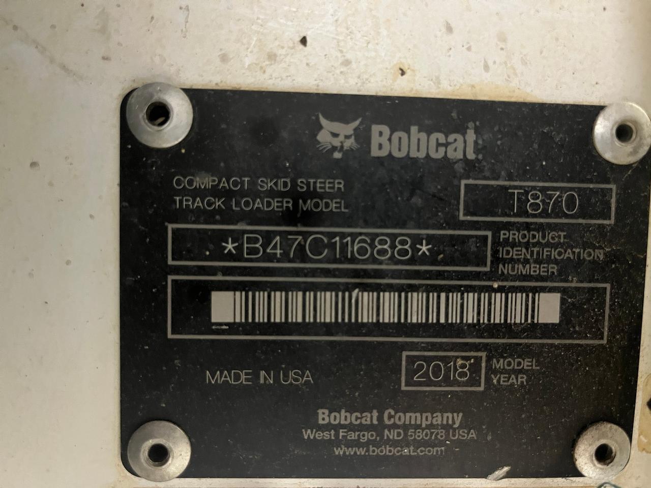 2018 Bobcat T870 Skid Steer Loader