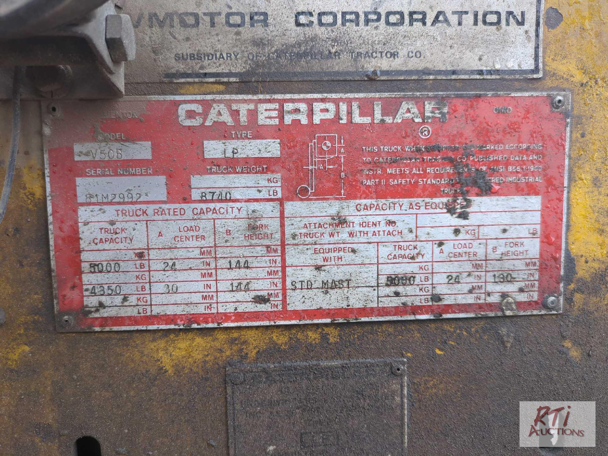 Caterpillar tow motor V50B forklift, 5,000 lbs. capacity, 2 stage, 14ft reach