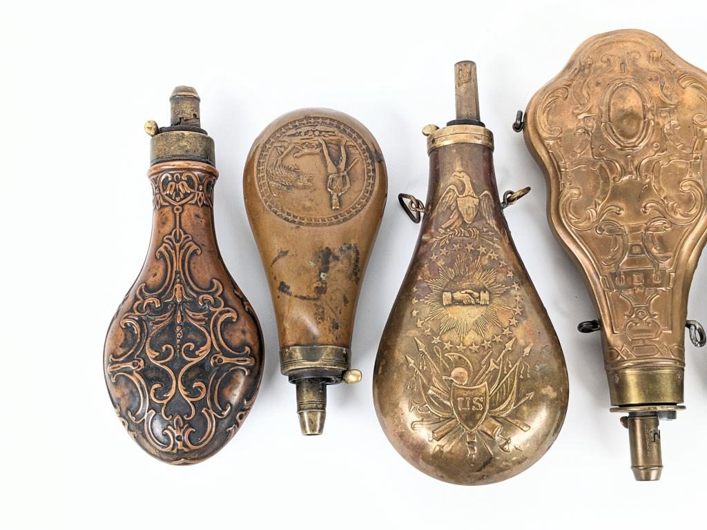 (8) Civil War Era Copper / Brass Powder Flasks