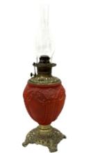 Antique Red Satin Glass & Brass Parlor Oil Lamp
