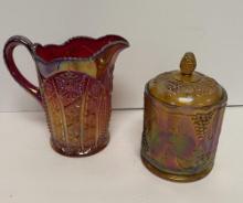 CARNIVAL GLASS PITCHER & LIDDED CANISTER