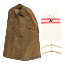LOT OF 4: THIRD REICH HJ ATHLETIC SHIRT, RAIN JACKET, AND 2 HANGERS.