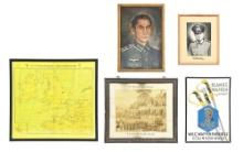 LOT OF 5: GERMAN WWII FRAMED LUFTWAFFE MAP, PORTRAITS, AND WKC SWORD ADVERTISEMENT.