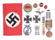 LOT OF US AND GERMAN WWII MEDALS, RIBBONS, AND ARMBAND.