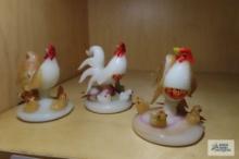 Three glass chicken...and hen figurines. Made in China