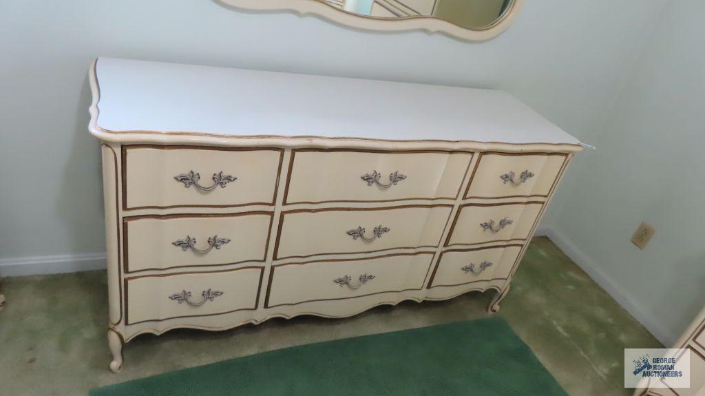 French Provincial dresser with mirror and five drawer chest by Dixie