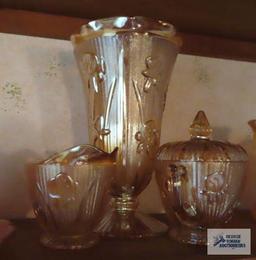 Carnival Glass vase, creamer and sugar
