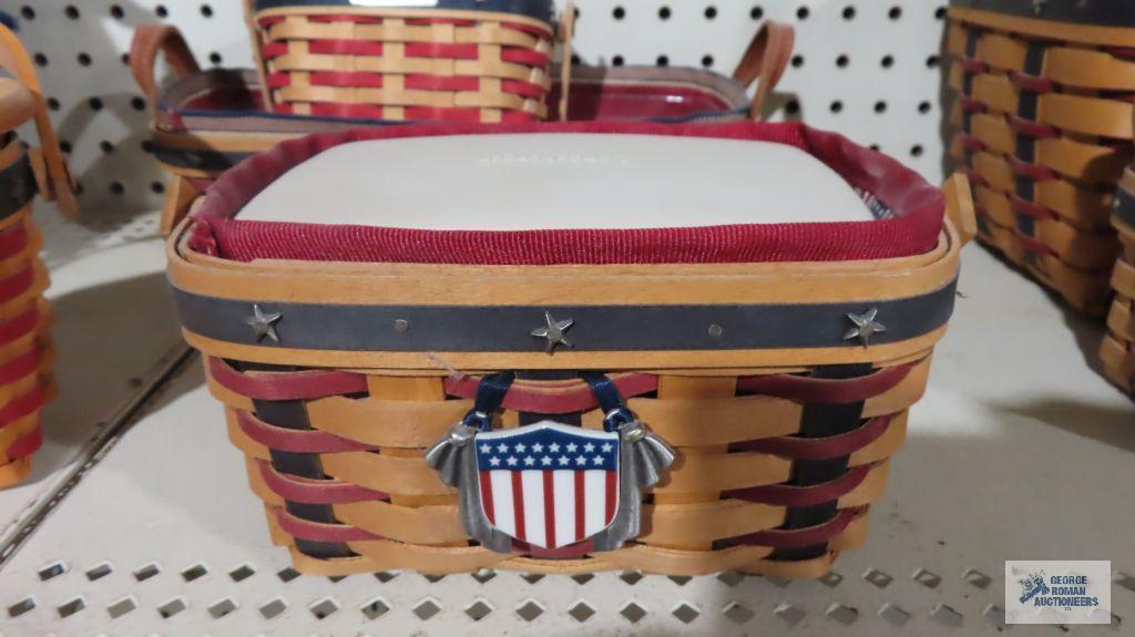 Four Longaberger 2000-2004 red and blue stripe star baskets, including 2001 inaugural basket and