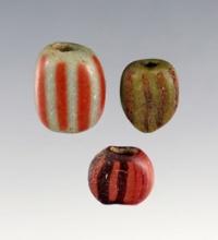 Set of 3 Paddle Press Polychrome Beads, largest is 9/16". Power House Site in Lima, New York.