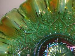 Fenton Green Iridescent Carnival Glass Footed Bowl