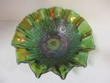 Fenton Green Iridescent Carnival Glass Footed Bowl