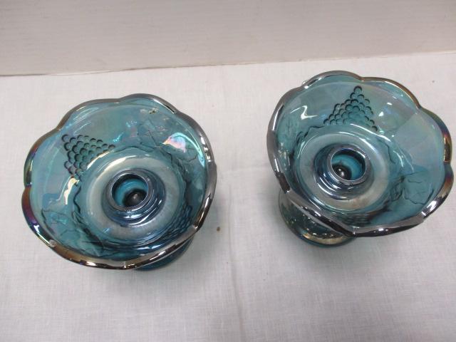 Blue Carnival Glass (PR) Candle Holders