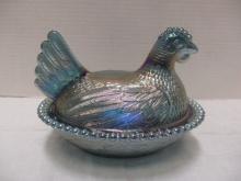 Blue Carnival Glass Hen on Nest