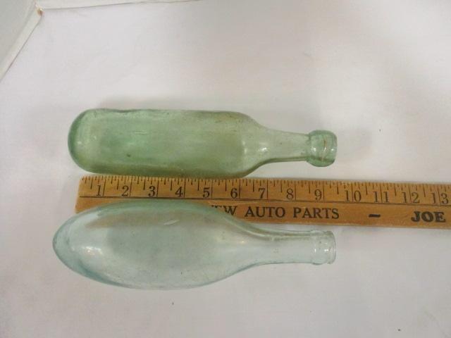 Two Vintage Hand Blown Green Glass Ship Bottles