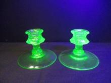 Pair of Green Vaseline Glass Candle Holders