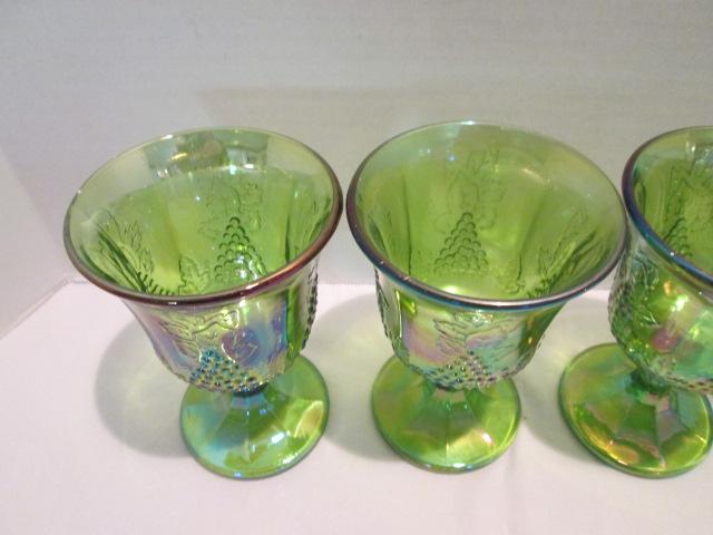 Four Carnival Glass Green Stemmed Goblets