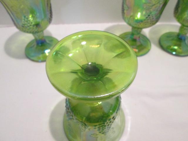 Four Carnival Glass Green Stemmed Goblets