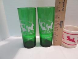 Two Vintage Green Glasses and Children's Mugs