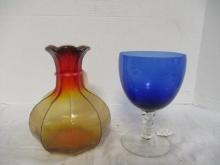 Cobalt Glass Compote (7 1/2") & Amberina Vase (8")